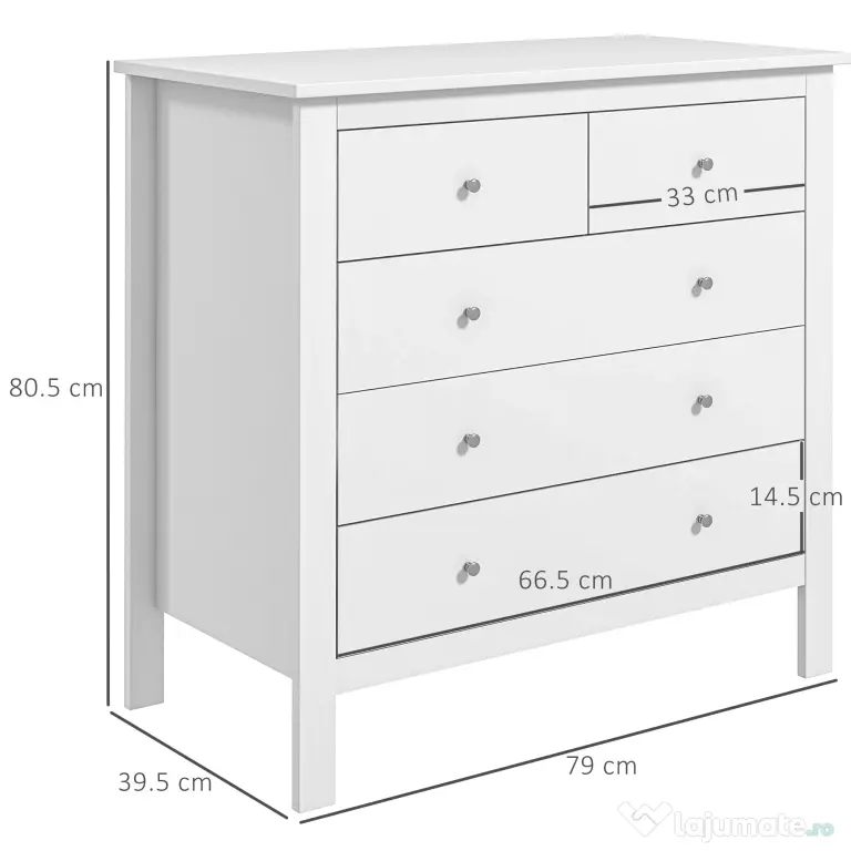 HOMCOM Comodă cu 2 Sertare Mici și 3 Sertare Mari, Comodă de Dormitor din Lemn, 79x39,5x80,5 cm, Alb | Aosom Romania