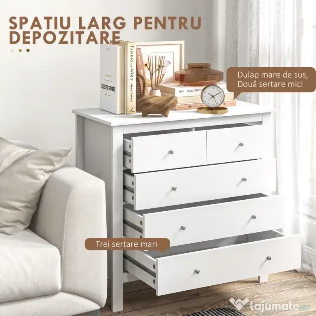 HOMCOM Comodă cu 2 Sertare Mici și 3 Sertare Mari, Comodă de Dormitor din Lemn, 79x39,5x80,5 cm, Alb | Aosom Romania