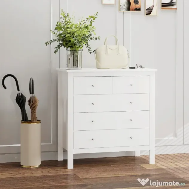 HOMCOM Comodă cu 2 Sertare Mici și 3 Sertare Mari, Comodă de Dormitor din Lemn, 79x39,5x80,5 cm, Alb | Aosom Romania