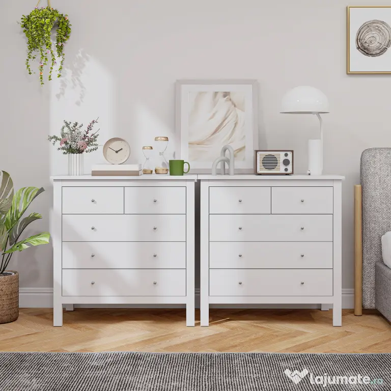 HOMCOM Comodă cu 2 Sertare Mici și 3 Sertare Mari, Comodă de Dormitor din Lemn, 79x39,5x80,5 cm, Alb | Aosom Romania
