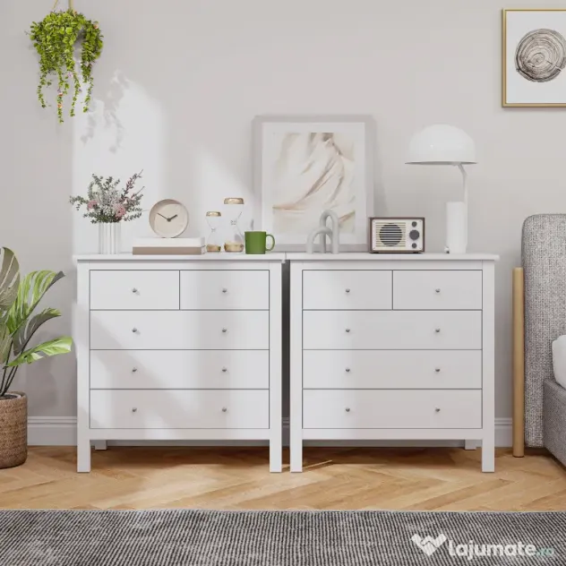 HOMCOM Comodă cu 2 Sertare Mici și 3 Sertare Mari, Comodă de Dormitor din Lemn, 79x39,5x80,5 cm, Alb | Aosom Romania
