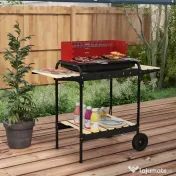 Outsunny Grătar cu Cărbuni, Roți si Grilaj cu Înălțime Reglabilă, 3 Rafturi și Tavă pentru Cenușă, 103x47x95 cm, Roșu | Aosom Romania 