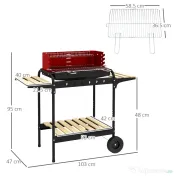 Outsunny Grătar cu Cărbuni, Roți si Grilaj cu Înălțime Reglabilă, 3 Rafturi și Tavă pentru Cenușă, 103x47x95 cm, Roșu | Aosom Romania 