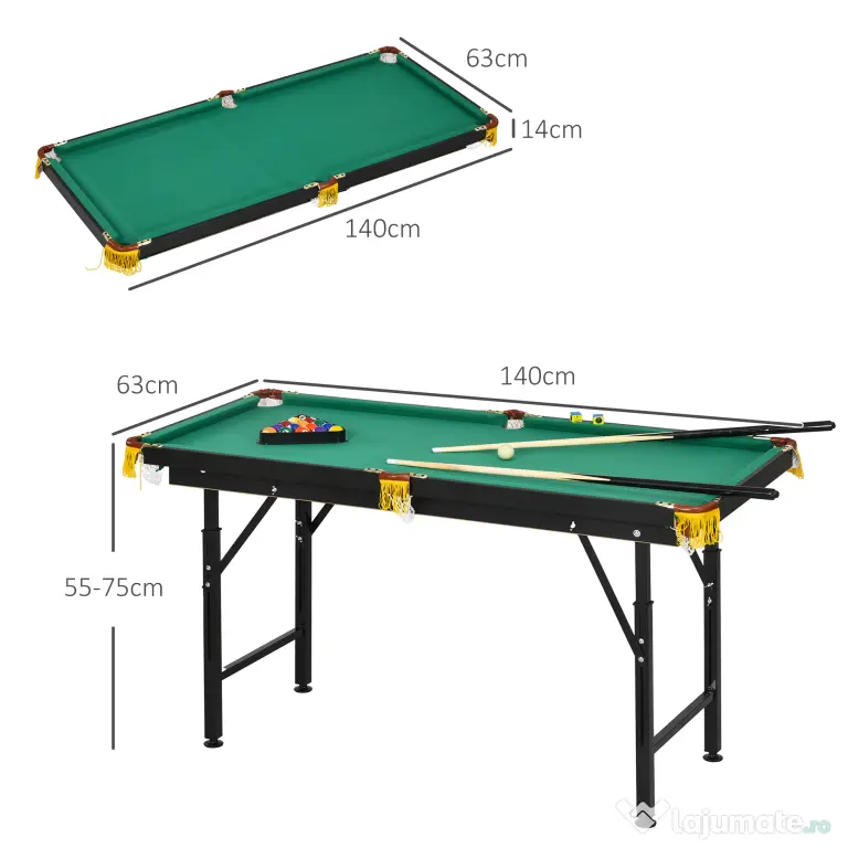 SPORTNOW Masă de biliard cu înălțime reglabilă și accesorii, din MDF și oțel, 140x63x55-75 cm, verde