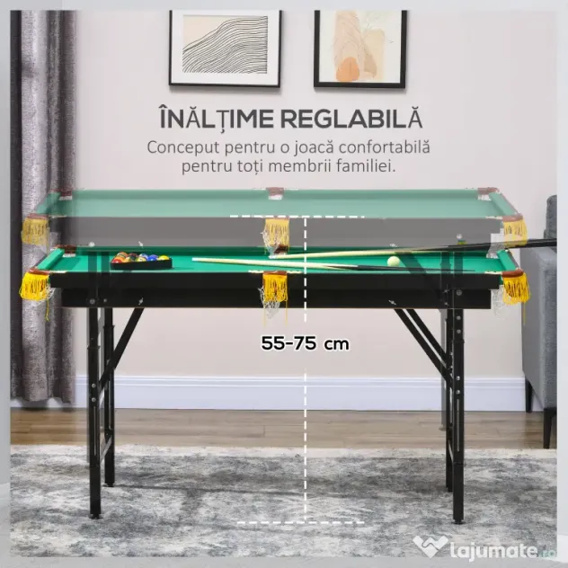 SPORTNOW Masă de biliard cu înălțime reglabilă și accesorii, din MDF și oțel, 140x63x55-75 cm, verde