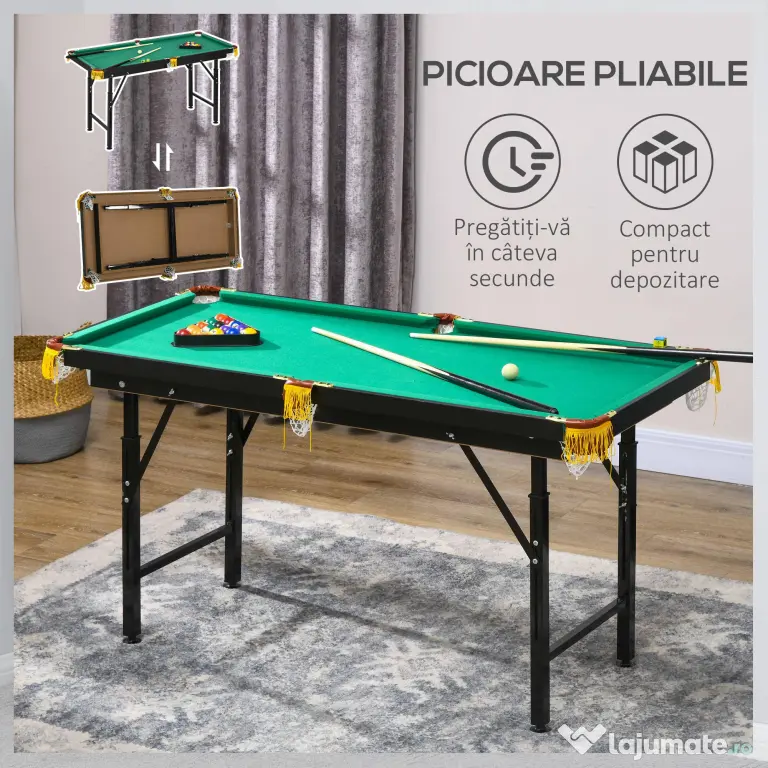 SPORTNOW Masă de biliard cu înălțime reglabilă și accesorii, din MDF și oțel, 140x63x55-75 cm, verde