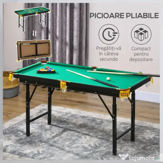 SPORTNOW Masă de biliard cu înălțime reglabilă și accesorii, din MDF și oțel, 140x63x55-75 cm, verde