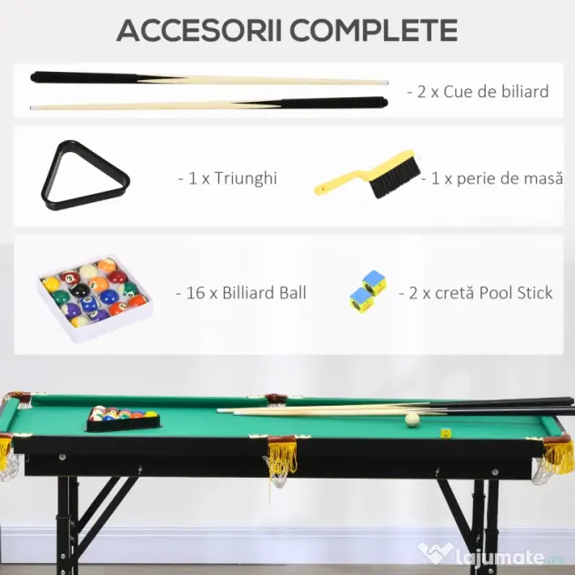SPORTNOW Masă de biliard cu înălțime reglabilă și accesorii, din MDF și oțel, 140x63x55-75 cm, verde