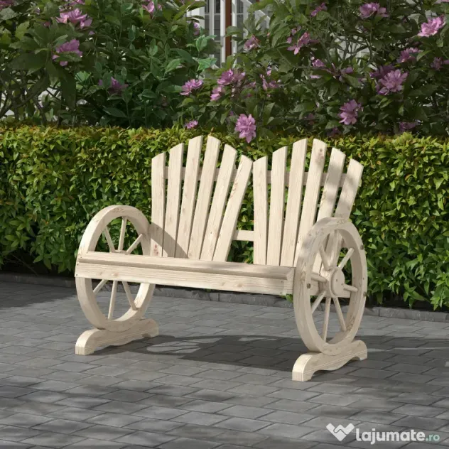 Outsunny Bancă de Grădină pentru 2 Persoane cu Mânere în Formă de Roată, Bancă de Exterior din Lemn de Brad, pentru Terasă și Curte, 108x66x95 cm, Finisaj Lemn Natural | Aosom Romania