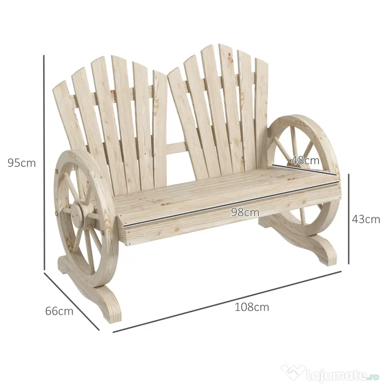 Outsunny Bancă de Grădină pentru 2 Persoane cu Mânere în Formă de Roată, Bancă de Exterior din Lemn de Brad, pentru Terasă și Curte, 108x66x95 cm, Finisaj Lemn Natural | Aosom Romania