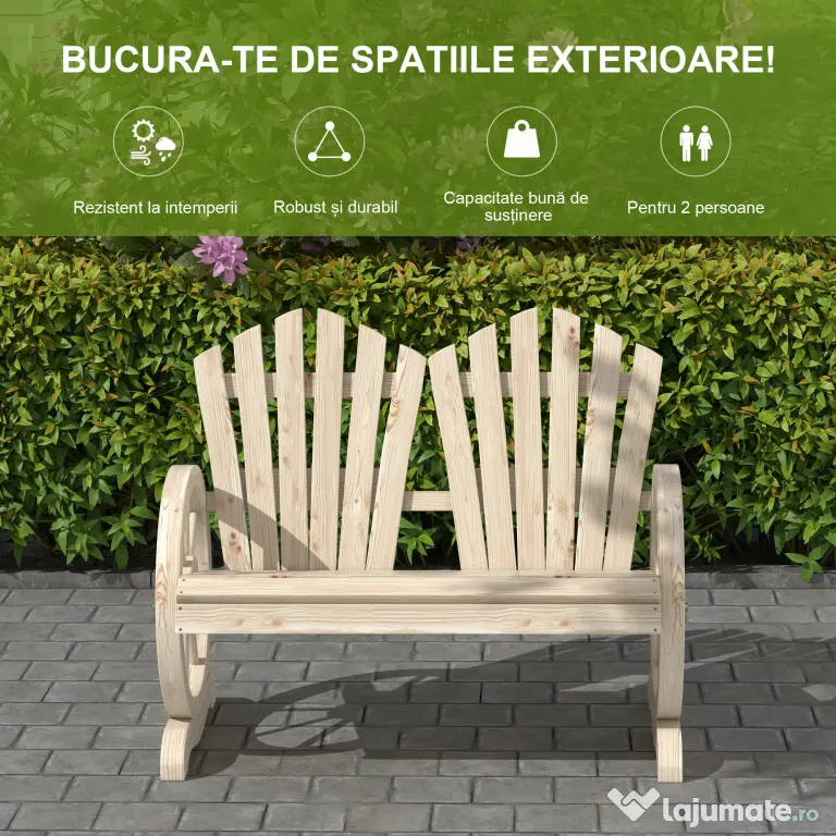 Outsunny Bancă de Grădină pentru 2 Persoane cu Mânere în Formă de Roată, Bancă de Exterior din Lemn de Brad, pentru Terasă și Curte, 108x66x95 cm, Finisaj Lemn Natural | Aosom Romania