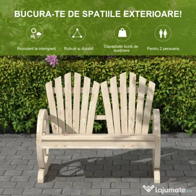 Outsunny Bancă de Grădină pentru 2 Persoane cu Mânere în Formă de Roată, Bancă de Exterior din Lemn de Brad, pentru Terasă și Curte, 108x66x95 cm, Finisaj Lemn Natural | Aosom Romania