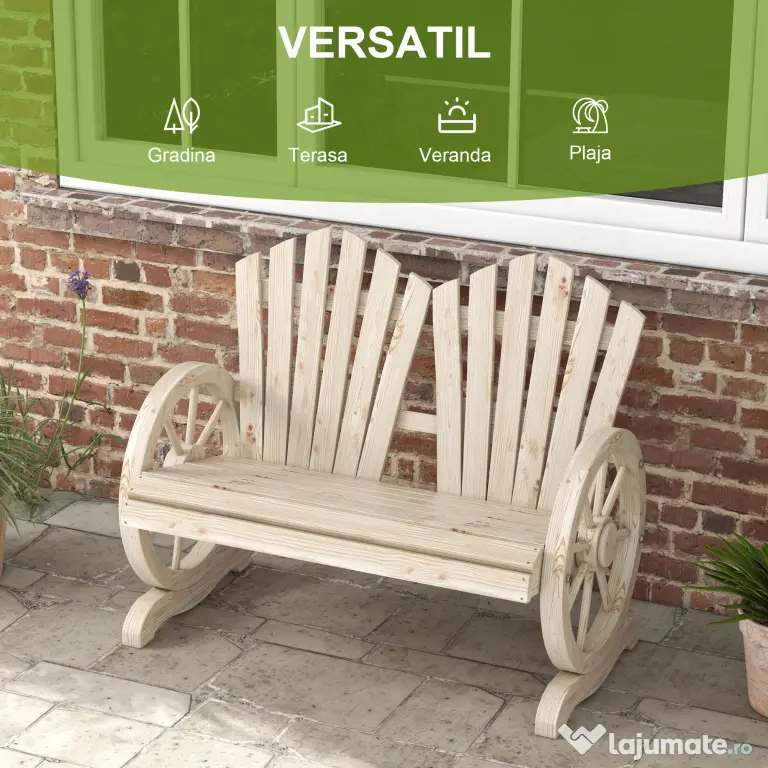 Outsunny Bancă de Grădină pentru 2 Persoane cu Mânere în Formă de Roată, Bancă de Exterior din Lemn de Brad, pentru Terasă și Curte, 108x66x95 cm, Finisaj Lemn Natural | Aosom Romania