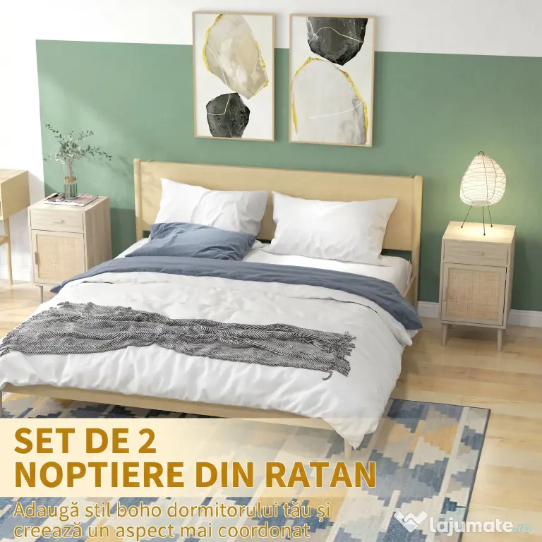 HOMCOM Set de 2 Mese Noptiera, Mese Laterale din Ratan cu Sertar | Aosom Romania