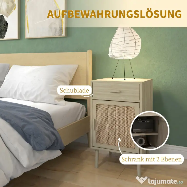 HOMCOM Set de 2 Mese Noptiera, Mese Laterale din Ratan cu Sertar | Aosom Romania