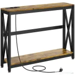 HOMCOM Consolă de Intrare Stil Industrial cu Prize Electrice și USB, Lemn și Oțel, 100x24x75cm, Maro