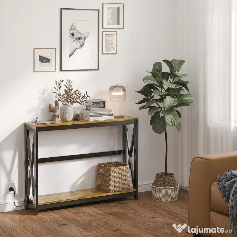 HOMCOM Masă Subțire de Consolă, Masă Industrială cu Două Nivele, Masă de Canapea Îngustă cu Cadru X din Oțel, 100x24x75 cm, Maro