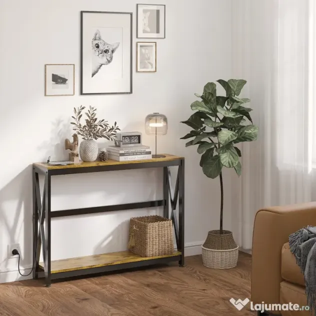 HOMCOM Masă Subțire de Consolă, Masă Industrială cu Două Nivele, Masă de Canapea Îngustă cu Cadru X din Oțel, 100x24x75 cm, Maro