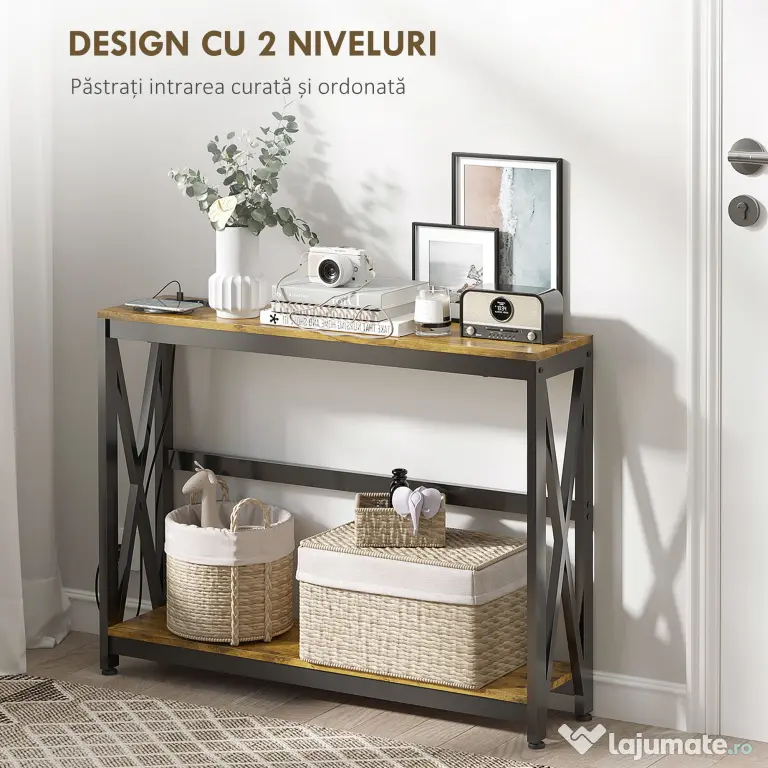 HOMCOM Masă Subțire de Consolă, Masă Industrială cu Două Nivele, Masă de Canapea Îngustă cu Cadru X din Oțel, 100x24x75 cm, Maro