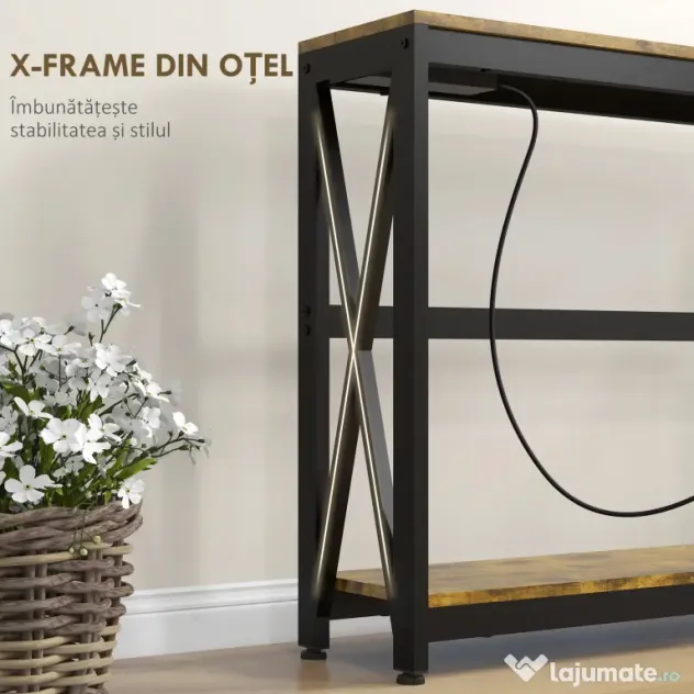 HOMCOM Masă Subțire de Consolă, Masă Industrială cu Două Nivele, Masă de Canapea Îngustă cu Cadru X din Oțel, 100x24x75 cm, Maro