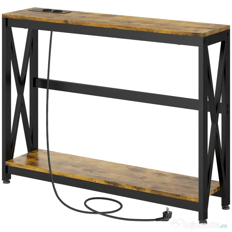 HOMCOM Masă Subțire de Consolă, Masă Industrială cu Două Nivele, Masă de Canapea Îngustă cu Cadru X din Oțel, 100x24x75 cm, Maro