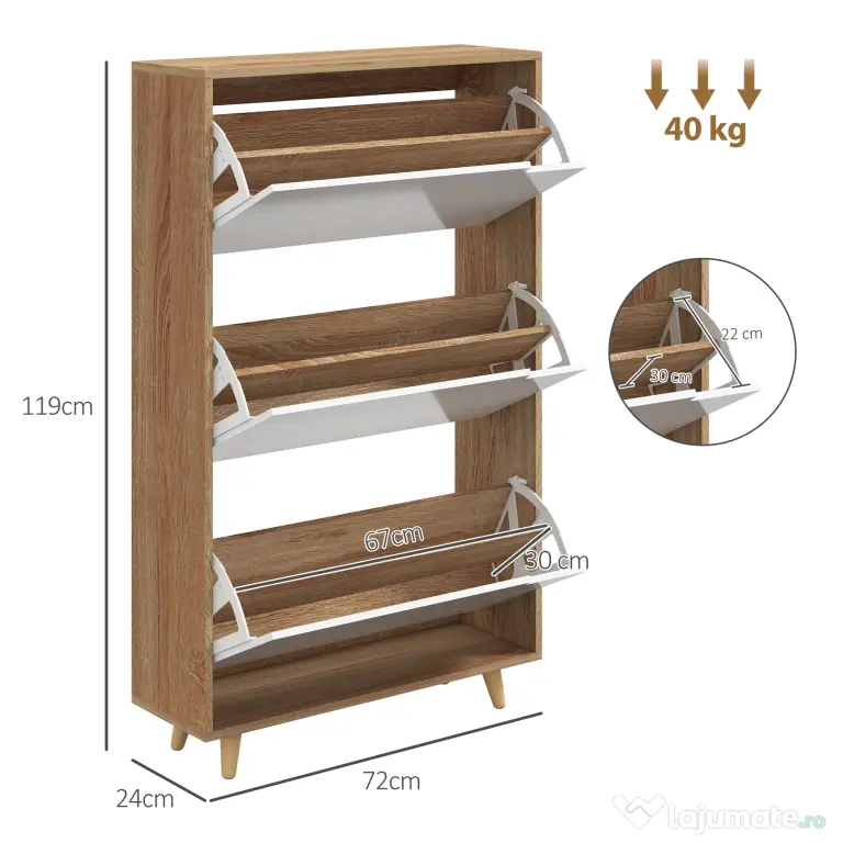 HOMCOM Dulap pentru Pantofi cu Economie de Spațiu cu 3 Sertare și Raft Reglabil, Suport Subțire pentru, 72x24x119 cm, Alb | Aosom Romania