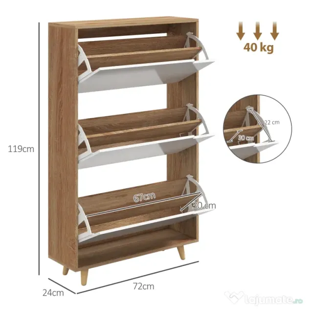 HOMCOM Dulap pentru Pantofi cu Economie de Spațiu cu 3 Sertare și Raft Reglabil, Suport Subțire pentru, 72x24x119 cm, Alb | Aosom Romania