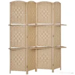 HOMCOM Paravan de interior cu 4 panouri pliabil și rafturi 160x170 cm, culoare naturală