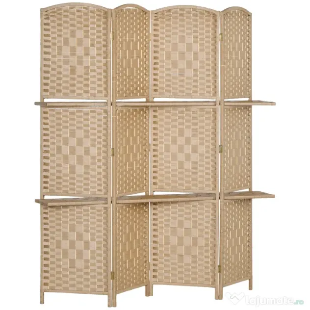 HOMCOM Paravan Interior Pliabil cu 4 Panouri și Rafturi, 160x1,6x170 cm, Natural | Aosom Romania