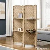HOMCOM Paravan Interior Pliabil cu 4 Panouri și Rafturi, 160x1,6x170 cm, Natural | Aosom Romania 