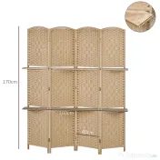 HOMCOM Paravan Interior Pliabil cu 4 Panouri și Rafturi, 160x1,6x170 cm, Natural | Aosom Romania 