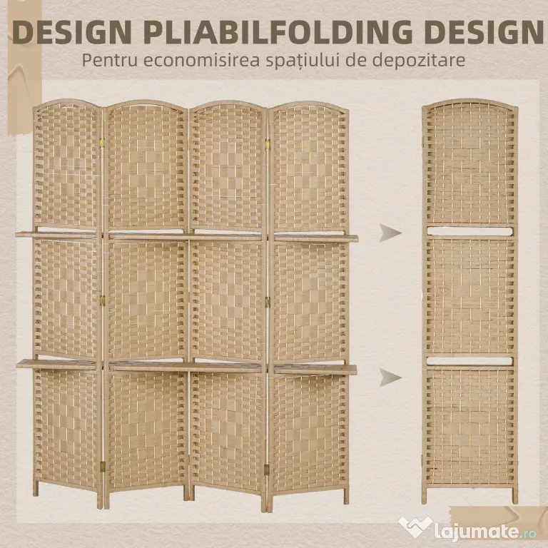 HOMCOM Paravan Interior Pliabil cu 4 Panouri și Rafturi, 160x1,6x170 cm, Natural | Aosom Romania