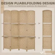 HOMCOM Paravan Interior Pliabil cu 4 Panouri și Rafturi, 160x1,6x170 cm, Natural | Aosom Romania 