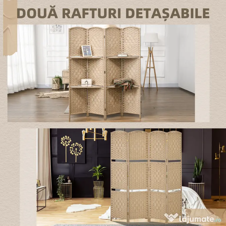 HOMCOM Paravan Interior Pliabil cu 4 Panouri și Rafturi, 160x1,6x170 cm, Natural | Aosom Romania
