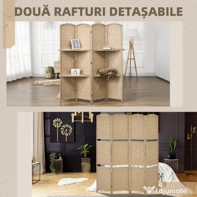 HOMCOM Paravan Interior Pliabil cu 4 Panouri și Rafturi, 160x1,6x170 cm, Natural | Aosom Romania