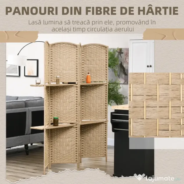 HOMCOM Paravan Interior Pliabil cu 4 Panouri și Rafturi, 160x1,6x170 cm, Natural | Aosom Romania