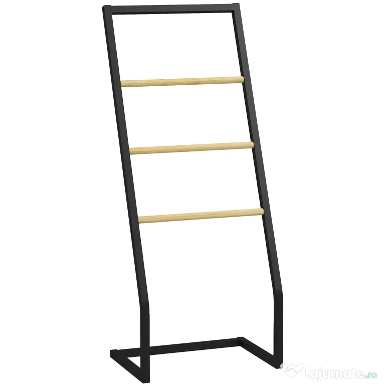 HOMCOM Suport pentru prosoape cu 4 bare din oțel și bambus, 40.5x28x98cm, negru și culoare lemn