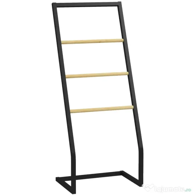 HOMCOM Suport pentru prosoape cu 4 bare din oțel și bambus, 40.5x28x98cm, negru și culoare lemn