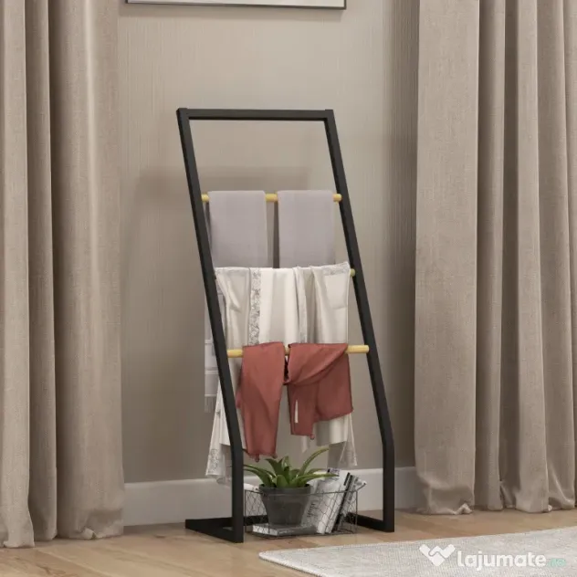 HOMCOM Suport pentru prosoape cu 4 bare din oțel și bambus, 40.5x28x98cm, negru și culoare lemn