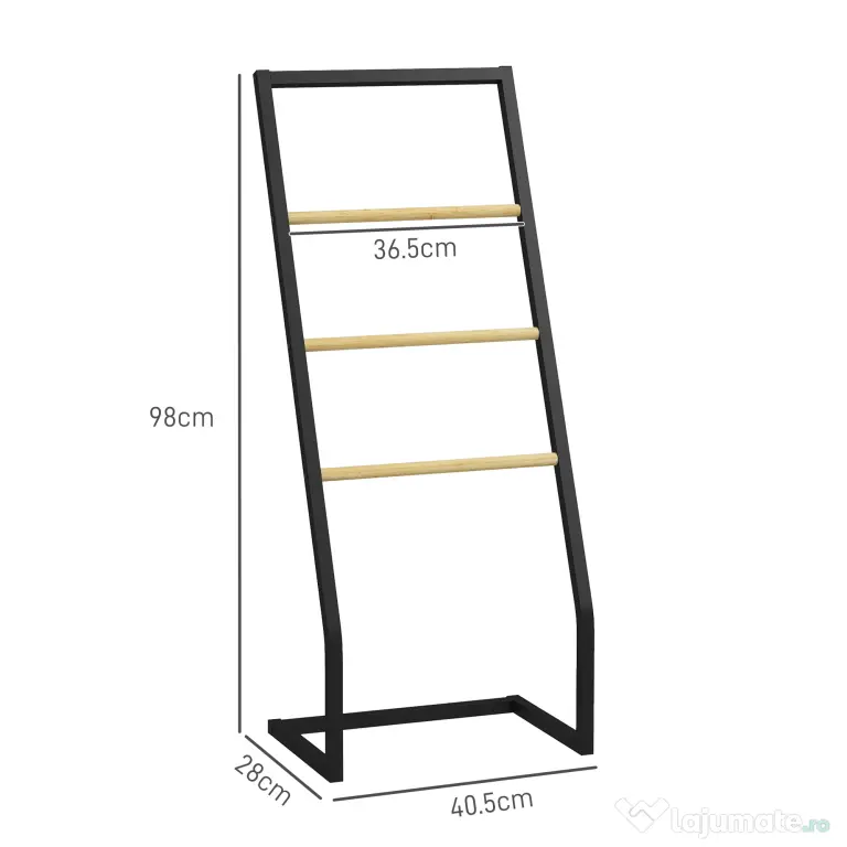 HOMCOM Suport pentru prosoape cu 4 bare din oțel și bambus, 40.5x28x98cm, negru și culoare lemn
