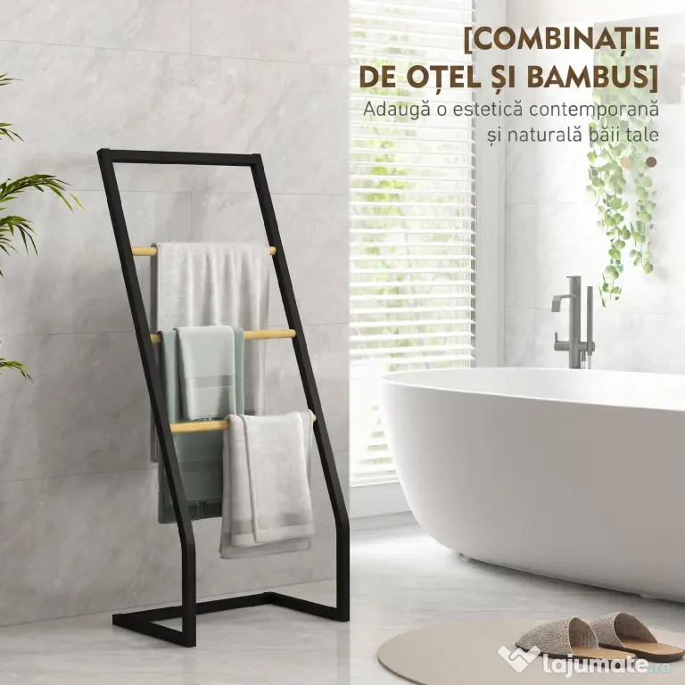 HOMCOM Suport pentru prosoape cu 4 bare din oțel și bambus, 40.5x28x98cm, negru și culoare lemn