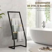 HOMCOM Suport pentru prosoape cu 4 bare din oțel și bambus, 40.5x28x98cm, negru și culoare lemn