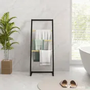 HOMCOM Suport pentru prosoape cu 4 bare din oțel și bambus, 40.5x28x98cm, negru și culoare lemn