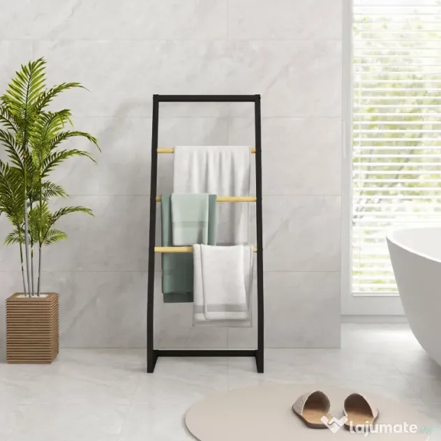 HOMCOM Suport pentru prosoape cu 4 bare din oțel și bambus, 40.5x28x98cm, negru și culoare lemn