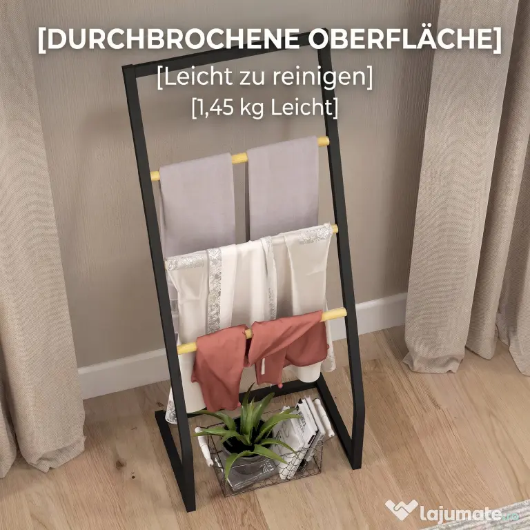 HOMCOM Suport pentru prosoape cu 4 bare din oțel și bambus, 40.5x28x98cm, negru și culoare lemn
