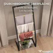 HOMCOM Suport pentru prosoape cu 4 bare din oțel și bambus, 40.5x28x98cm, negru și culoare lemn