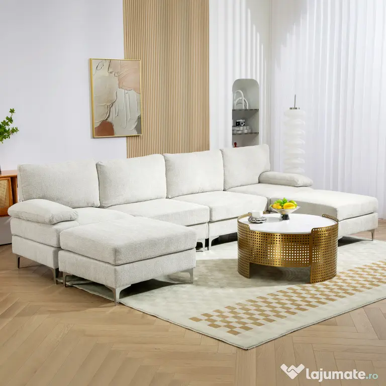 HOMCOM Canapea Modulară de 4 Locuri cu 2 Fotolii pentru Picioare, Perne pentru Brațe și Spătar, 313x149x88 cm, Crem Alb | Aosom Romania