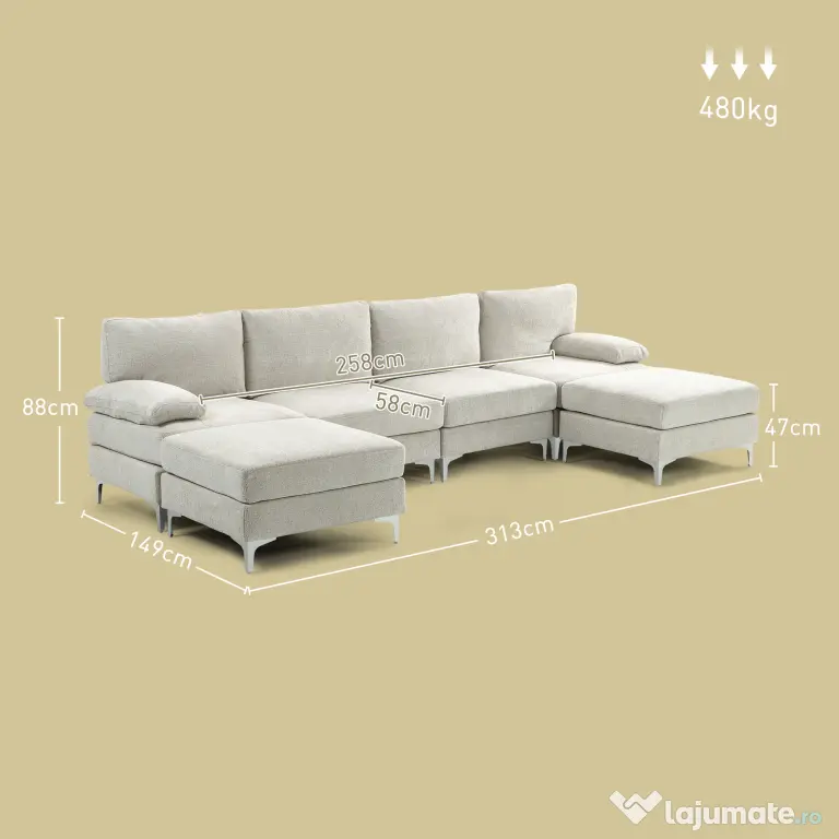 HOMCOM Canapea Modulară de 4 Locuri cu 2 Fotolii pentru Picioare, Perne pentru Brațe și Spătar, 313x149x88 cm, Crem Alb | Aosom Romania