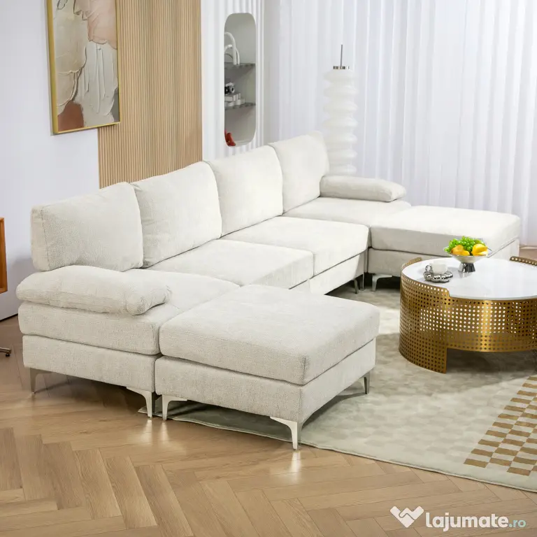 HOMCOM Canapea Modulară de 4 Locuri cu 2 Fotolii pentru Picioare, Perne pentru Brațe și Spătar, 313x149x88 cm, Crem Alb | Aosom Romania