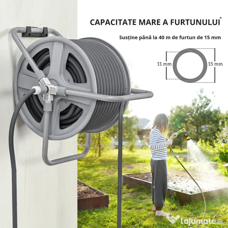 Outsunny Suport pentru Înfășurarea Furtunului de Grădină cu Manivelă, pentru 40m de Furtun, 46x35x46 cm, Gri